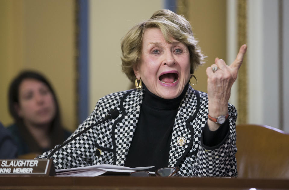 FILE- In this Jan. 5, 2016 file photo, Rep. Louise Slaughter, D-N.Y., the top Democrat on the House Rules Committee, voices her objections on Capitol Hill in Washington, as the GOP-led panel prepares legislation that would repeal President Barack Oabma's signature health care law. Slaughter, who passed away on March on March 16, 2018, is among 10 people who will be inducted into the National Women's Hall of Fame during a ceremony on Saturday, Sept. 14, 2019. (AP Photo/J. Scott Applewhite, File)