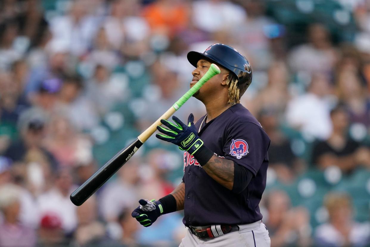 Guardians third baseman Jose Ramirez flips his bat after striking out in the fourth inning of Tuesday night's game against the Detroit Tigers. [Carlos Osorio/Associated Press]