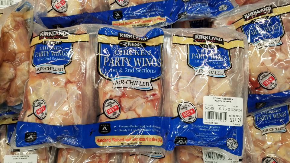 Kirkland chicken wing packs on display at Costco 