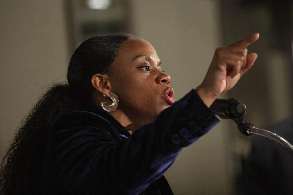 State Rep. Summer Lee, who is seeking the Democratic Party nomination for Pennsylvania's 12th District U.S. Congressional district, speaks to supporters before being endorsed by Sen. Bernie Sanders, I-Vt., during a campaign stop in Pittsburgh, Thursday, May 12, 2022. Pennsylvania's primary election is Tuesday, May 17, 2022. (AP Photo/Rebecca Droke)