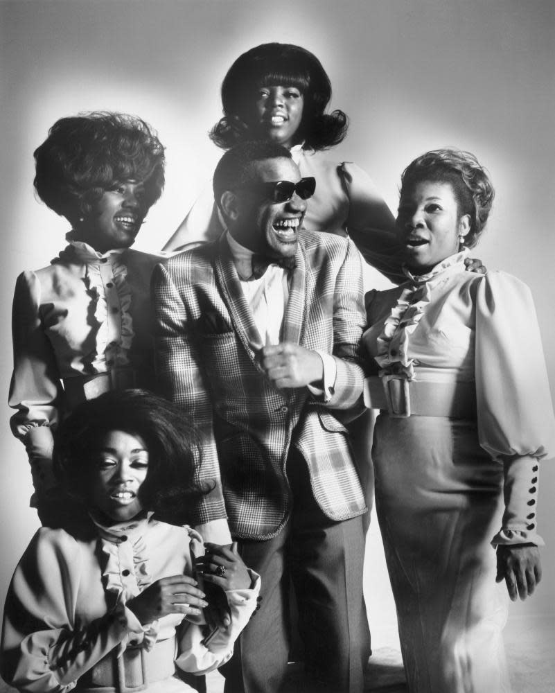 Mable John, right, as lead vocalist of the Raelettes, the backing singers for Ray Charles, centre, in 1972.