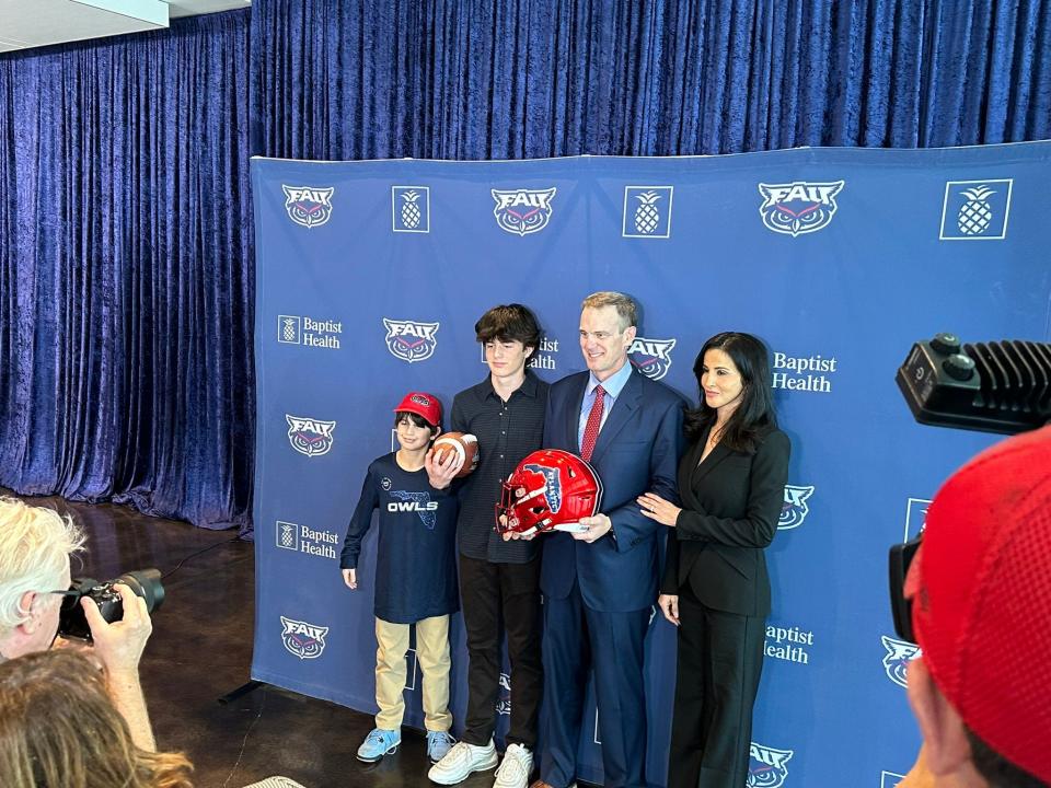 New Florida Atlantic football coach Tom Herman was introduced Friday with his family during a ceremony in Boca Raton.