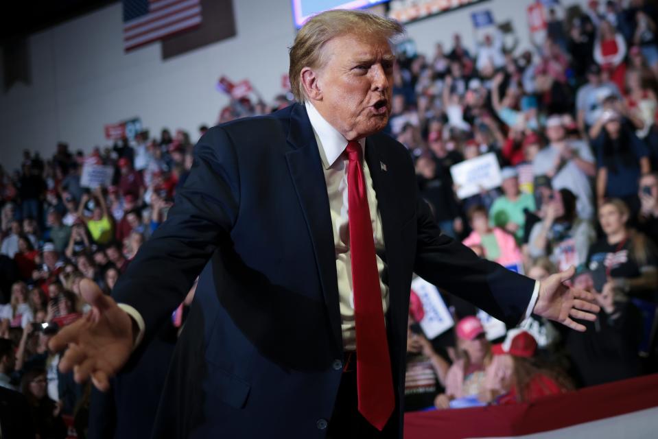 CONWAY, SOUTH CAROLINA - FEBRUARY 10: Republican presidential candidate and former President Donald Trump gestures to members of the audience as he leaves a Get Out The Vote rally at Coastal Carolina University on February 10, 2024 in Conway, South Carolina. South Carolina holds its Republican primary on February 24. (Photo by Win McNamee/Getty Images) ORG XMIT: 776101565 ORIG FILE ID: 2000944133