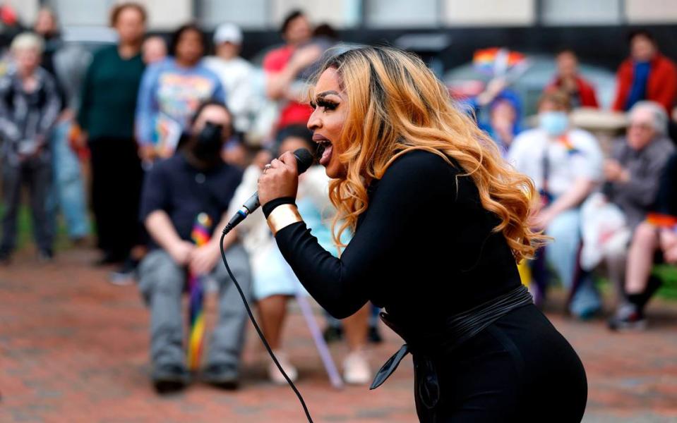 Naomi Dix speaks during the Drag the Fascists rally at CCB Plaza in Durham, N.C., Saturday, April 1, 2023. The rally was to protest the anti-drag show bills being introduced in states across the country and celebrate Gay, Lesbian, Bisexual, Transgender, Queer, Intersex, and Asexual people.