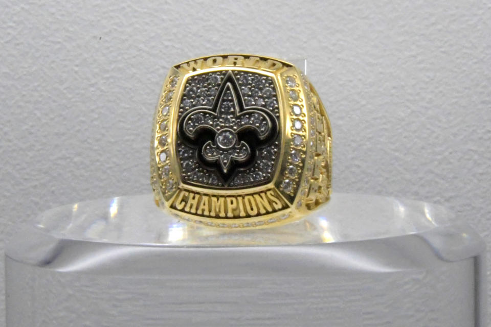 Feb 2, 2019; Atlanta, GA, USA; Detailed view of Super Bowl XLIV ring to commemorate the New Orleans Saints 31-17 victory over the <a class="link " href="https://sports.yahoo.com/nfl/teams/indianapolis/" data-i13n="sec:content-canvas;subsec:anchor_text;elm:context_link" data-ylk="slk:Indianapolis Colts;sec:content-canvas;subsec:anchor_text;elm:context_link;itc:0">Indianapolis Colts</a> at Sun Life Stadium in Miami, Fla. on Feb 7, 2010. Mandatory Credit: Kirby Lee-USA TODAY Sports