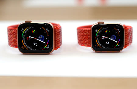 A demonstration of the newly released Apple Watch Series 4 is seen following the product launch event at the Steve Jobs Theater in Cupertino, California, U.S. September 12, 2018. REUTERS/Stephen Lam