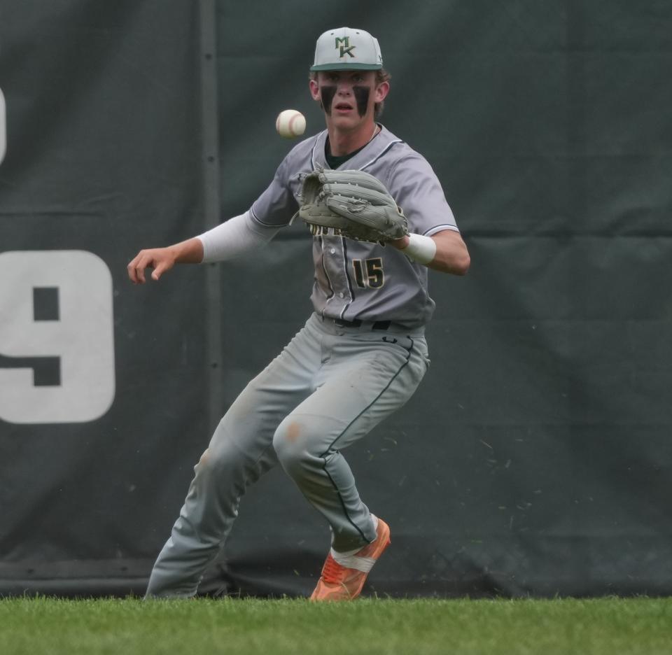 Morristown, NJ - May 13, 2023 —  Brodie Freker in the outfield for Morris Knolls as West Morris defeated Morris Knolls 7-4 to win the semifinal of he Morris County Baseball Tournament played at Delbarton.