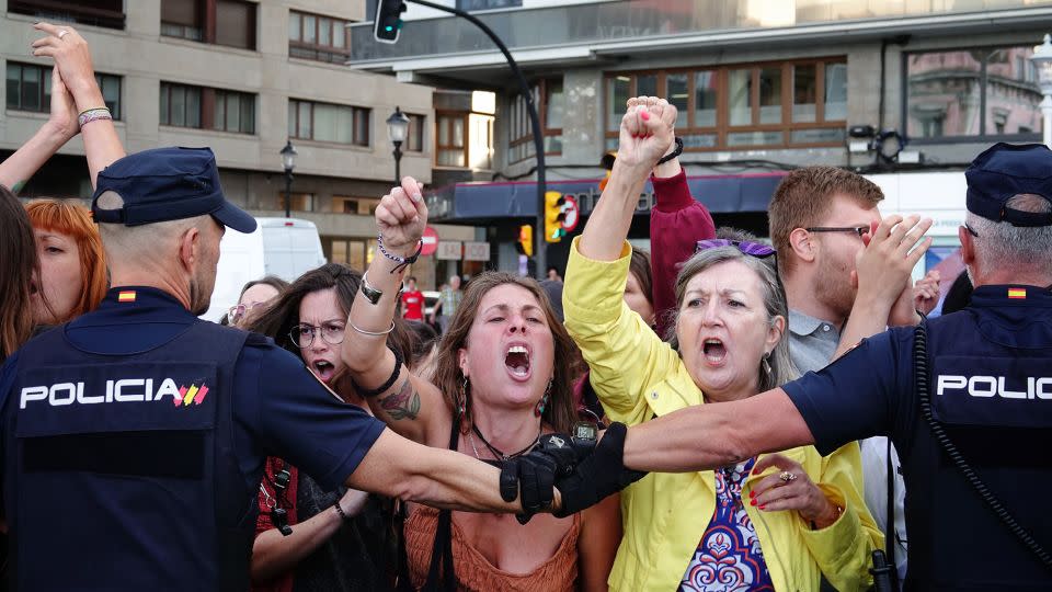 Demonstrators protest a Vox event in Gijon on June 27. - Xuan Cueto/Europa Press/Getty Images