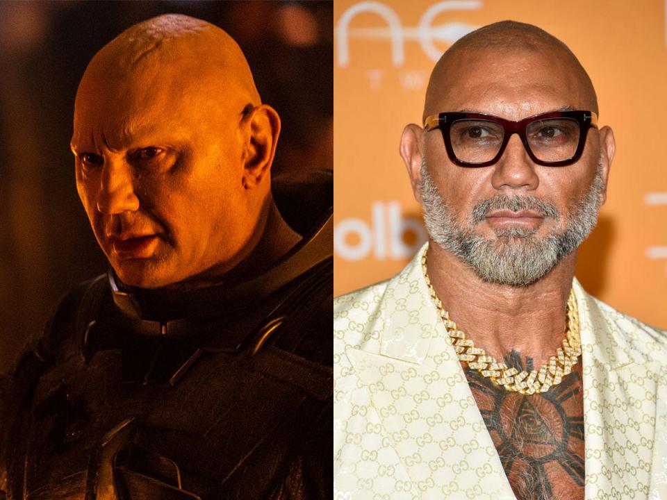 Dave Bautista as Beast Rabban in "Dune: Part Two" and Bautista at the NYC premiere of the film.