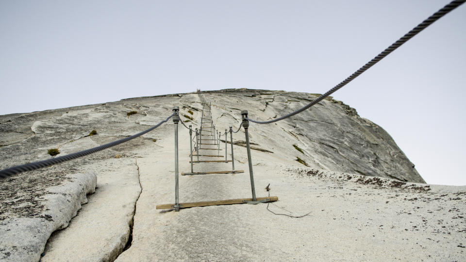 The start of the cables leading up to the top of Half Dome in Yosemite, California