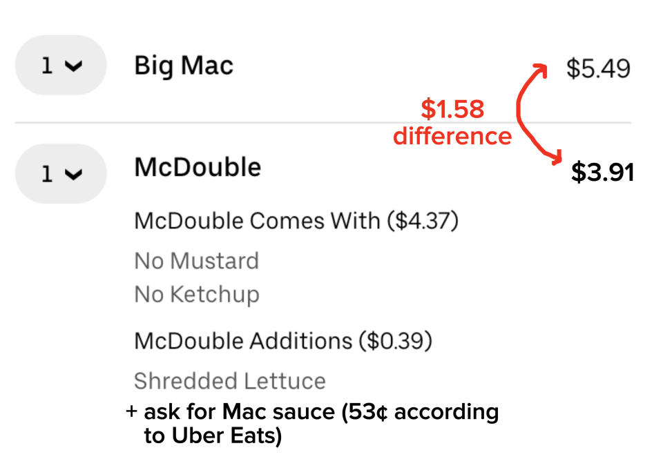 I wasn't able to make this order in the Uber Eats app, so this hack may only work in person. From what I've heard, the Mac sauce upgrade also depends on your local McDonald's. Some places won't charge you, and some will.