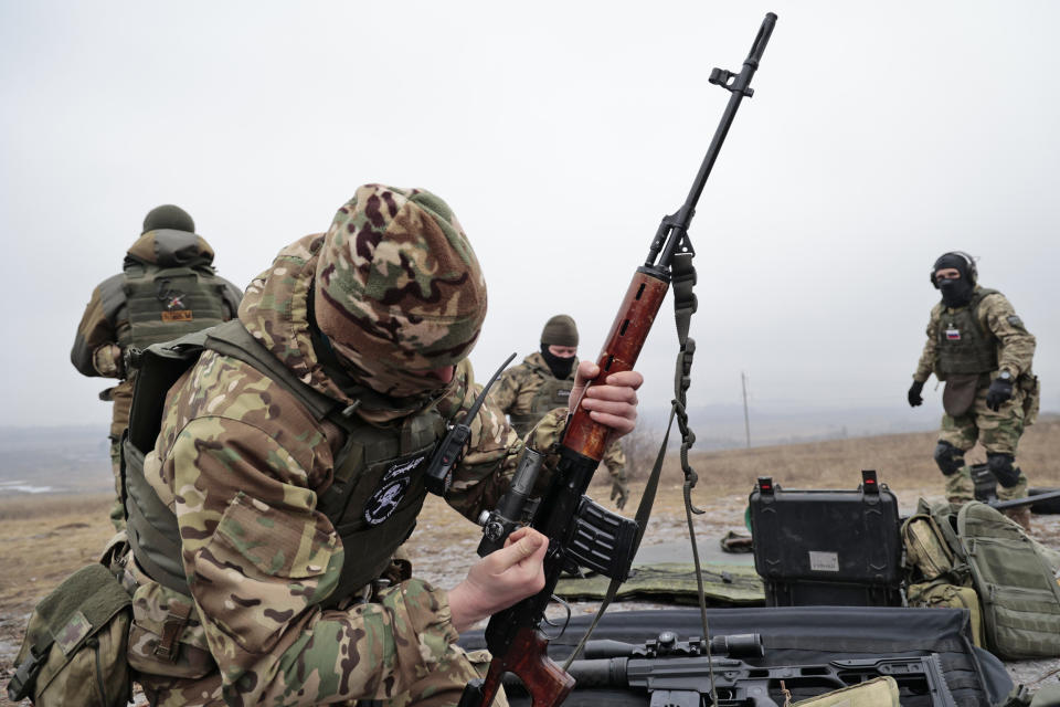 Russian army soldiers practice on a military training ground in Russian-controlled Donetsk on Tuesday, Jan. 31, 2023.  (Alexei Alexandrov / AP)