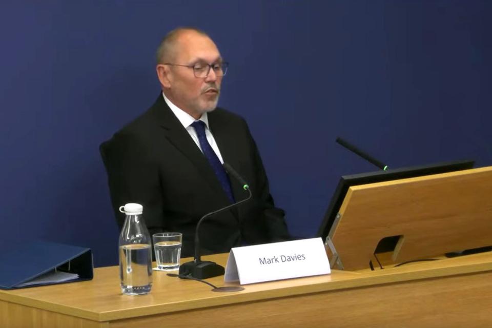 Screen grab taken from the Post Office Horizon IT Inquiry of Mark Davies giving evidence to the inquiry at Aldwych House, central London, as part of phases five and six of the probe, which is looking at governance, redress and how the Post Office and others responded to the scandal.  Post Office Horizon IT Inquiry/PA