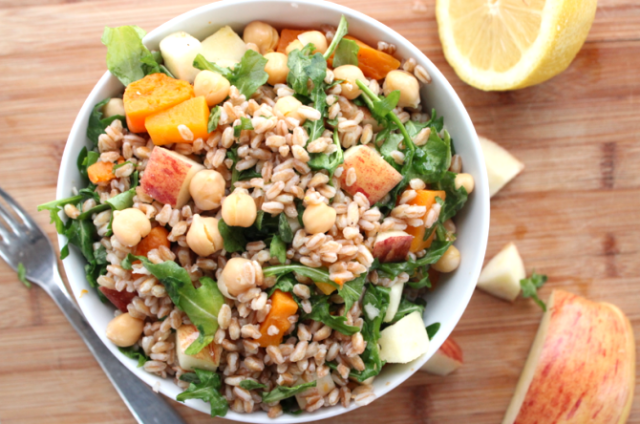 3) Farro Salad with Chickpeas, Sweet Potato (or Butternut Squash), and Apple