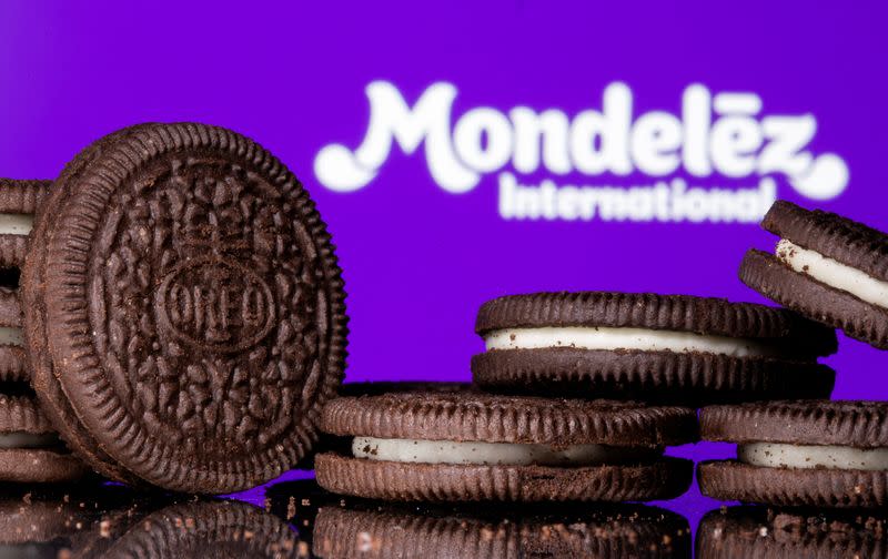 FILE PHOTO: Oreo cookies are seen displayed displayed in front of Mondelez International logo in this illustration picture