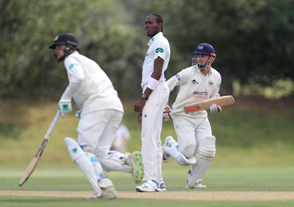 Sussex's Jofra Archer reacts during day two of the Second XI Championship match at Blackstone Academy Ground, Henfield. (Photo by Simon Cooper/PA Images via Getty Images)