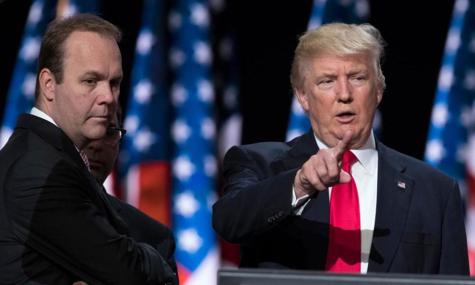 Rick Gates, left, accompanies Donald Trump as he prepares for his speech at the Republican national convention in Cleveland on 21 July 2016.