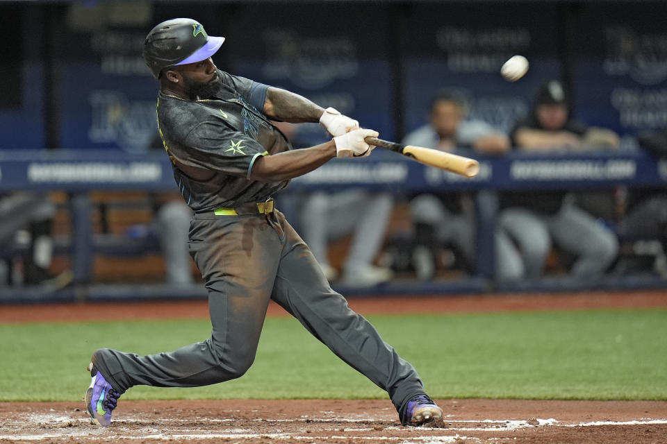 Tampa Bay Rays' Randy Arozarena connects for a two-run home run off Chicago White Sox starting pitcher Michael Soroka during the third inning of a baseball game Tuesday, May 7, 2024, in St. Petersburg, Fla. (AP Photo/Chris O'Meara)