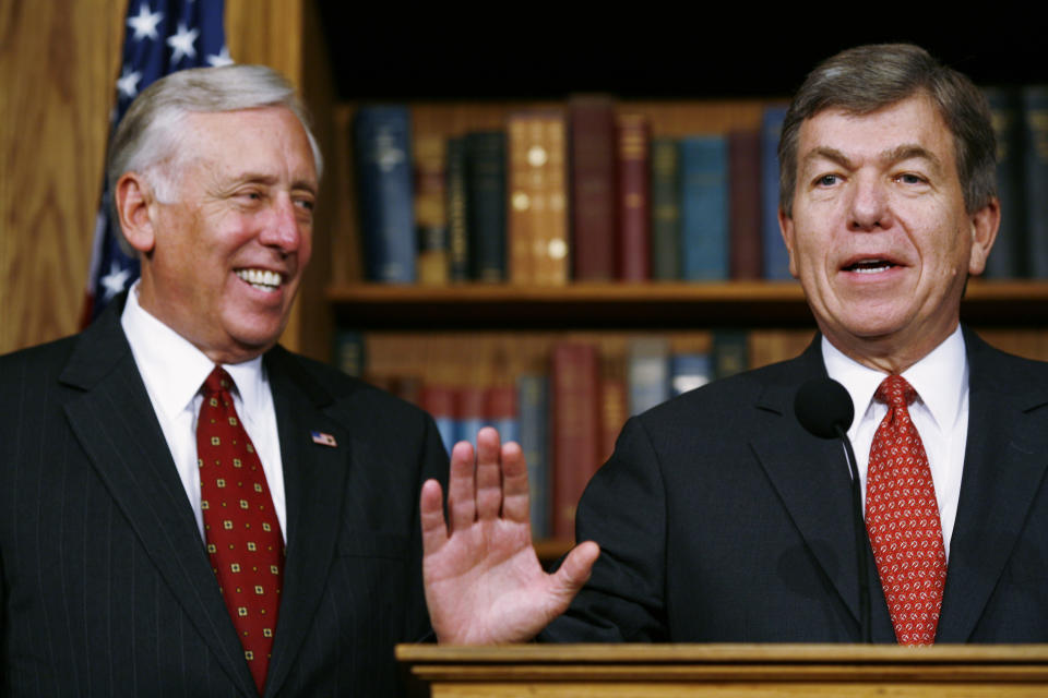 Rep. Roy Blunt, R-Mo., speaks as Rep. Steny Hoyer, R-Md., listens at a press conference on Oct. 3, 2008. The House of Representatives voted on a revised version of the financial rescue package. (Photo: Melissa Golden/Getty Images)