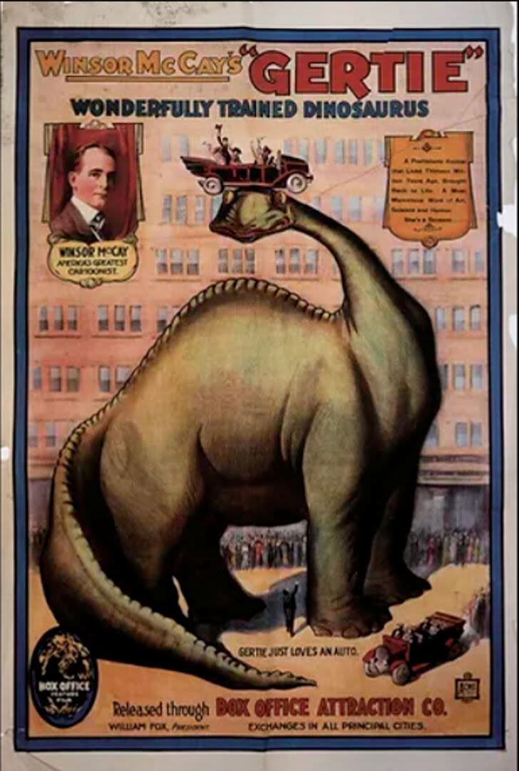 El poster Gertie a su estreno en cines, en 1914, que publicitaba que se trataba de una dinosauria 