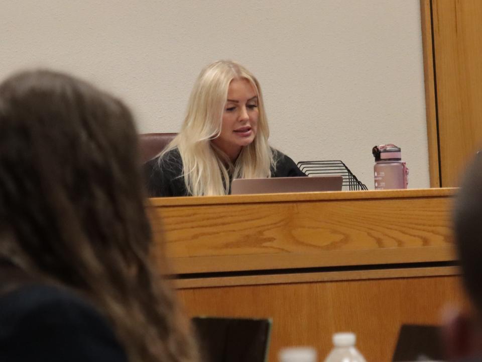 Visiting Judge Anna M. Frushour reads her ruling to bind over to Lenawee County Circuit Court the open murder and evidence tampering charges against Dale Warner in the disappearance of his wife, Dee Ann Warner. Frushour issued her ruling Friday at the conclusion of the case's preliminary examination in Lenawee County District Court.