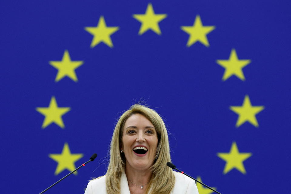 Newly elected president of the European Parliament Roberta Metsola delivers a speech during a plenary session in Strasbourg, France, January 18, 2022. REUTERS/Gonzalo Fuentes     TPX IMAGES OF THE DAY