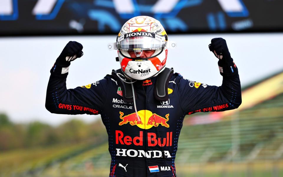 Race winner Max Verstappen of Netherlands and Red Bull Racing celebrates in parc ferme during the F1 Grand Prix of Emilia Romagna at Autodromo Enzo e Dino Ferrari on April 18, 2021 in Imola, Ital - Formula 1/Formula 1 via Getty Images