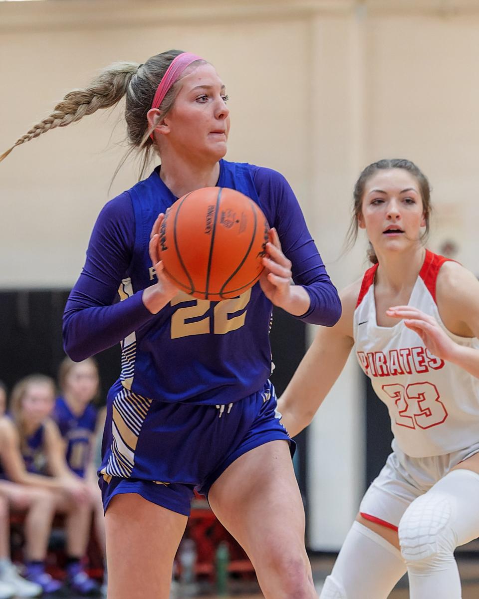 Fowlerville's Tommi Kleinschmidt looks to pass during the Gladiators' 44-41 loss to Pinckney Thursday, Dec. 22, 2022.