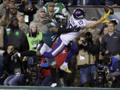 <p>Philadelphia Eagles’ Ronald Darby breaks up a pass intended for Minnesota Vikings’ Adam Thielen during the second half of the NFL football NFC championship game Sunday, Jan. 21, 2018, in Philadelphia. (AP Photo/Matt Slocum) </p>