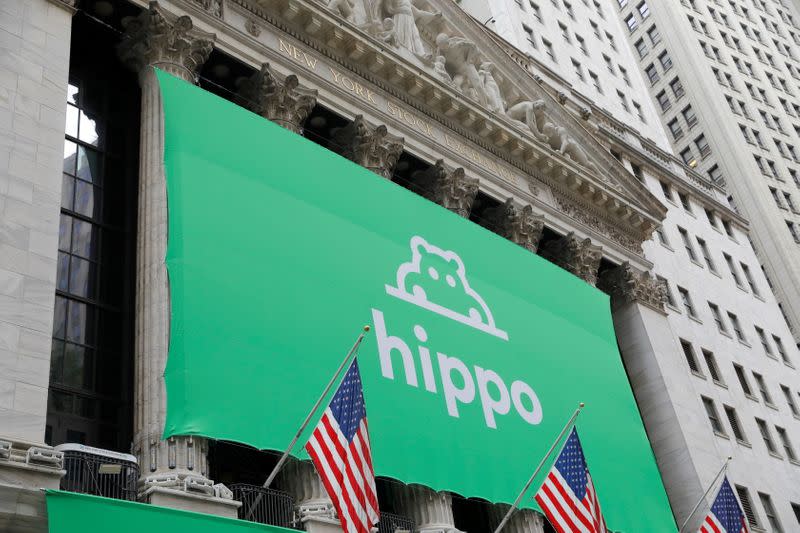 Signage for Hippo Enterprises Inc is seen during their initial public offering (IPO) at the New York Stock Exchange (NYSE) in Manhattan