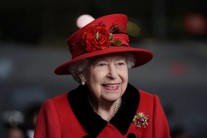 Queen Elizabeth II during a visit to HMS Queen Elizabeth at HM Naval Base ahead of the ship's maiden deployment on May 22, 2021.