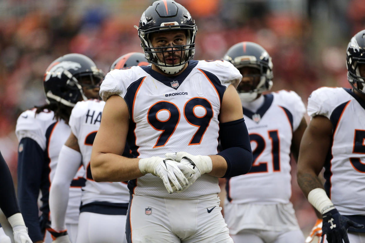 Denver Broncos defensive end Adam Gotsis (99) stands on the field between plays during an NFL football game against the Washington Redskins, Sunday, Dec. 24, 2017, in Landover, Md. (AP)