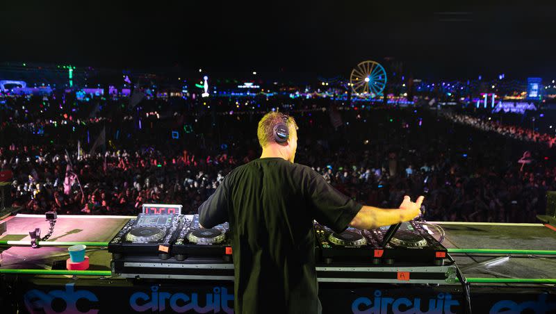 Ryan “Kaskade” Raddon performs his set during the EDC music festival at the Las Vegas Motorway in Las Vegas on May 21, 2023.