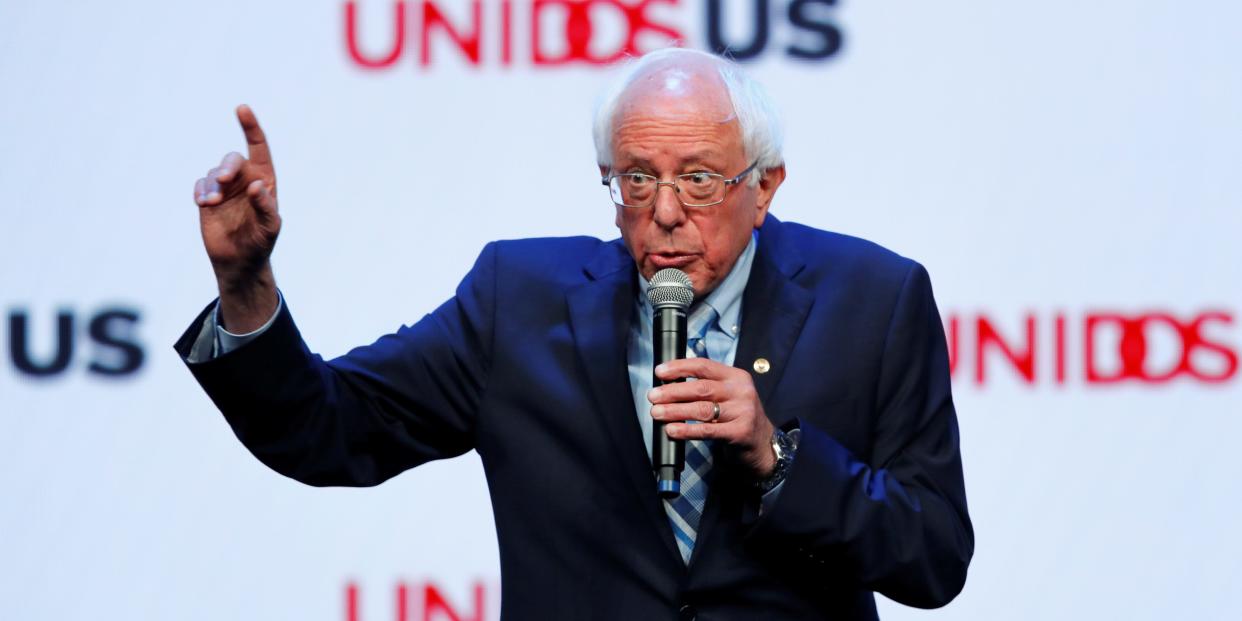 FILE PHOTO: Democratic 2020 presidential candidate and U.S. Senator Bernie Sanders gestures as he speaks at the UnidosUS Annual Conference, in San Diego, California, U.S., August 5, 2019. REUTERS/Mike Blake/File Photo