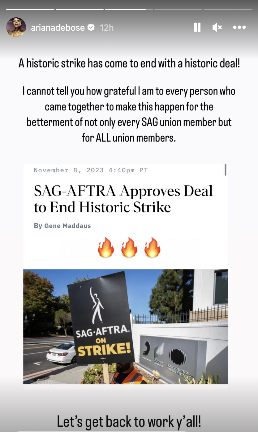 Ariana's IG story statement with a headline about the strike ending