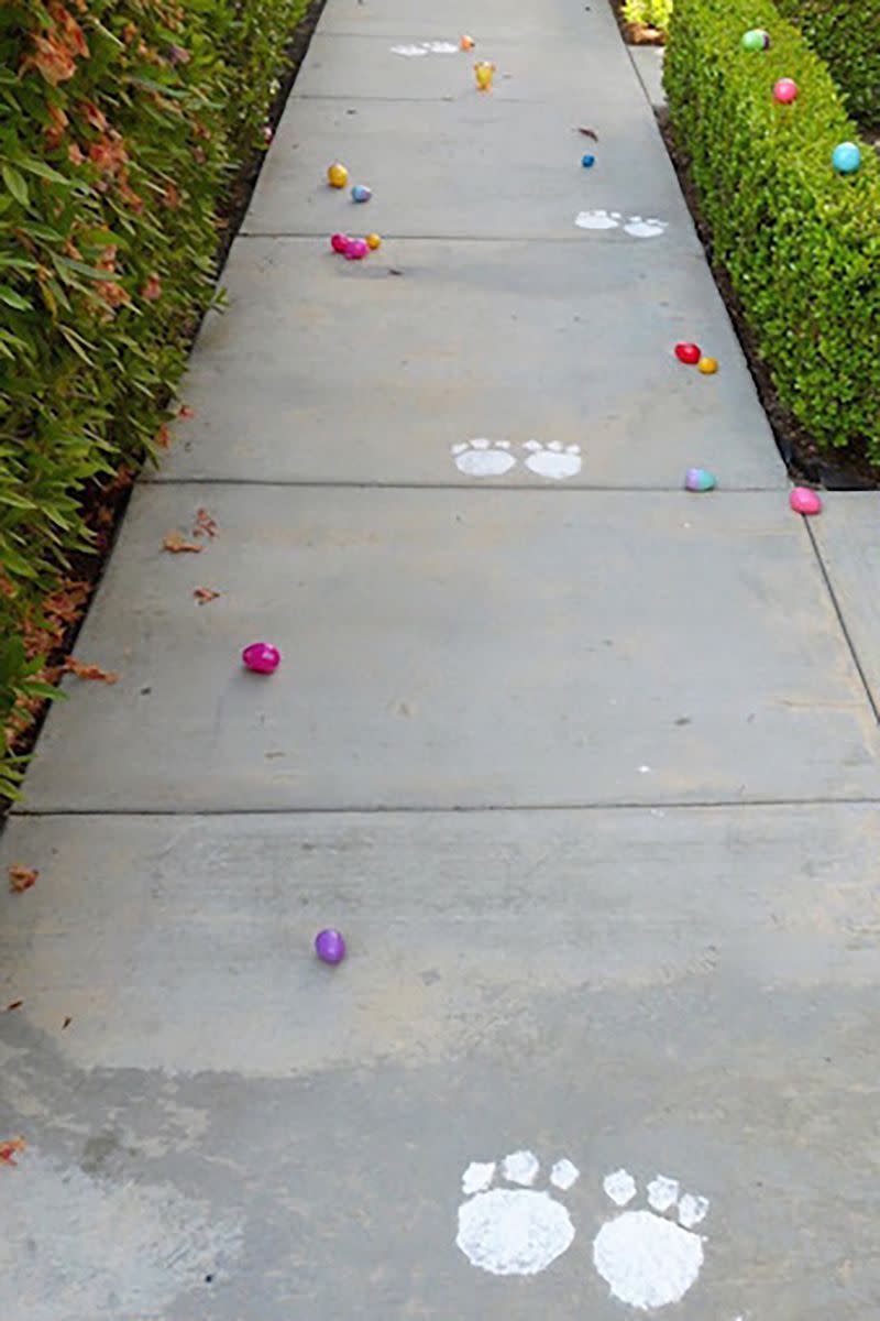 bunny footprints on sidewalk for easter egg hunt