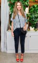 <p><span>The Honest Company</span> co-founder proves she's got the glow while keeping her baby belly under wraps in The Great's <span>The Tie Sleeve Big Shirt</span> ($295) during an event in West Hollywood on July 26. <strong>Finish the Look!</strong> Womens Strappy Block Heel Ankle Strap Sandals ($25 to $42), <span>amazon.com</span></p>