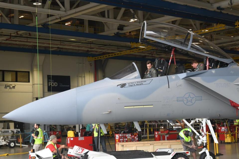 As highlighted in this picture, a two-person crew did fly the first F-15EX jet to Portland in June 2024. <em>Oregon National Guard</em>