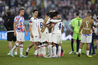 U.S. players react at the end of the World Cup round of 16 soccer match between the Netherlands and the United States, at the Khalifa International Stadium in Doha, Qatar, Saturday, Dec. 3, 2022. (AP Photo/Natacha Pisarenko)