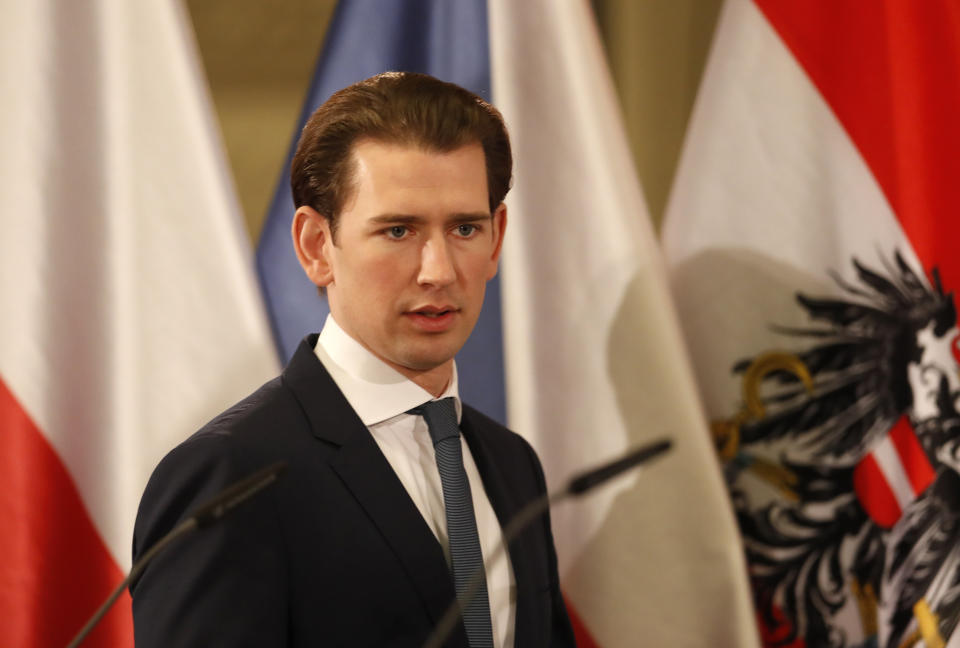 Austria's Chancellor Sebastian Kurz arrives for a joint press conference with Prime Ministers of the V4 after their meeting at the National Museum in Prague, Czech Republic, Thursday, Jan. 16, 2020. (AP Photo/Petr David Josek)