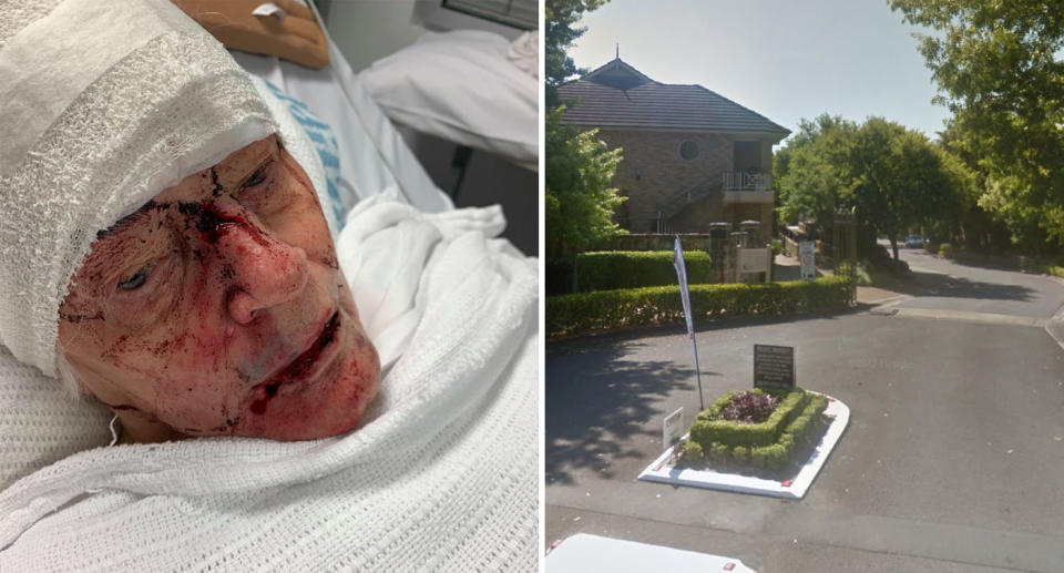 Patricia pictured with a bandage across her head and blood on her face (left) following the attack at her retirement village in Sydney's northwest (right). Source: NSW Police/ Google Maps