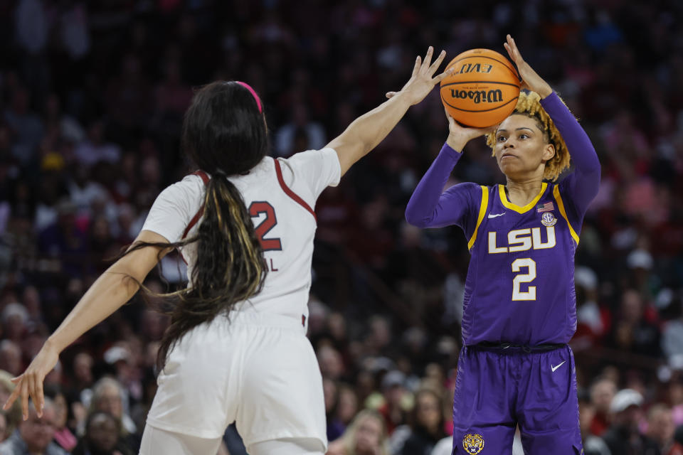 LSU guard Jasmine Carson shoots against South Carolina guard Brea Beal during their game on Feb. 12, 2023. (AP Photo/Nell Redmond)