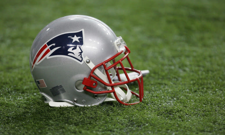 A closeup of a New England Patriots football helmet. The team will be without David Andrews in Week 3.