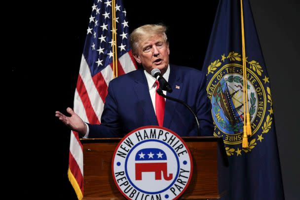 PHOTO: Former President Donald Trump speaks during the New Hampshire Republican State Committee 2023 annual meeting, Jan. 28, 2023, in Salem, N.H. (Reba Saldanha/AP, FILE)