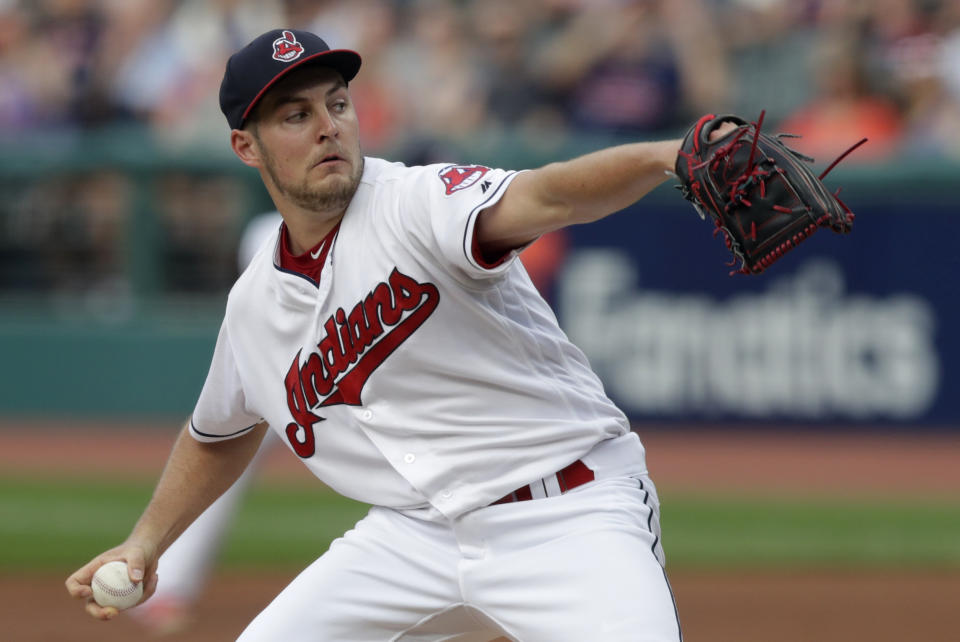 Cleveland Indians starting pitcher Trevor Bauer delivers in the first inning of a baseball game against the Minnesota Twins, Monday, Aug. 6, 2018, in Cleveland. (AP Photo/Tony Dejak)