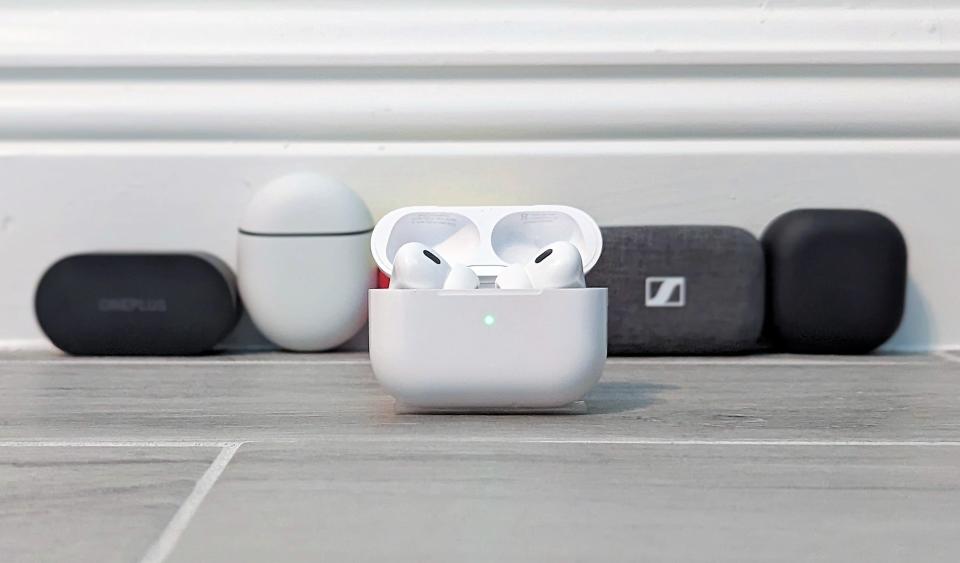  AirPods Pro 2 in foreground with other models in background 