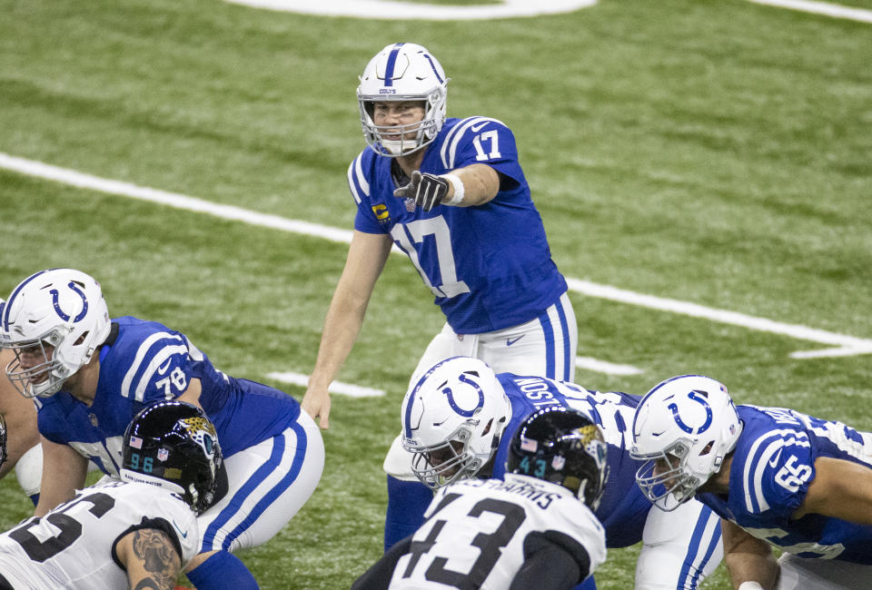 INDIANAPOLIS, IN - JANUARY 03: Philip Rivers #17 of the Indianapolis Colts points out a blitz during the third quarter of the game against the Jacksonville Jaguars at Lucas Oil Stadium on January 3, 2021 in Indianapolis, Indiana. (Photo by Bobby Ellis/Getty Images)