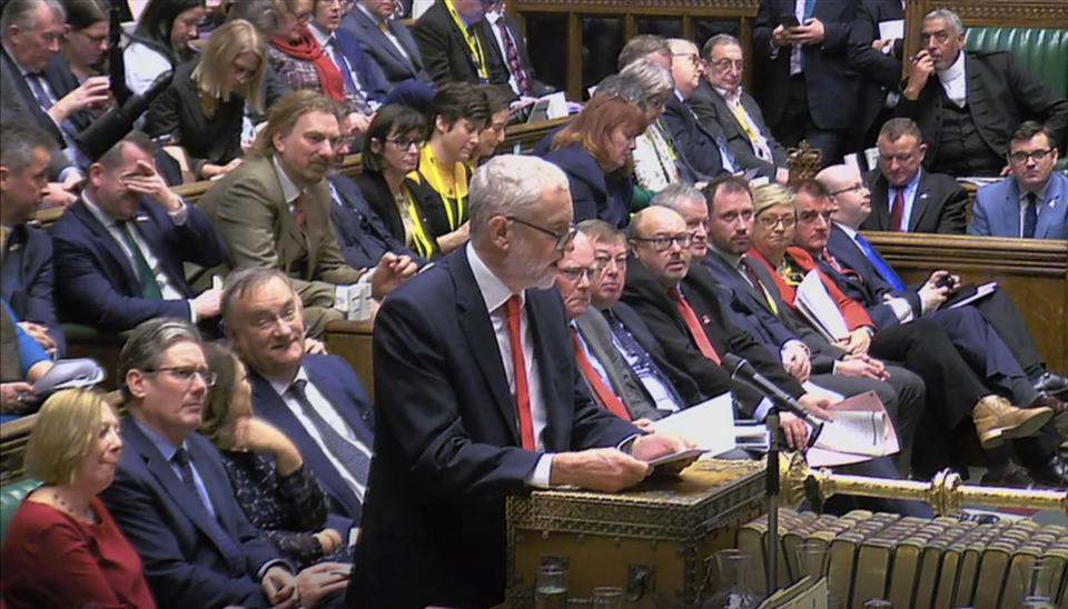 Labour leader Jeremy Corbyn speaks during Prime Minister's Questions time in the House of Commons, London, Wednesday Jan. 16, 2019. In a historic defeat for the government Tuesday, Britain's Parliament discarded Prime Minister Theresa May's Brexit deal to split from the European Union, and May now faces a parliamentary vote of no-confidence later Wednesday. (House of Commons/PA via AP)