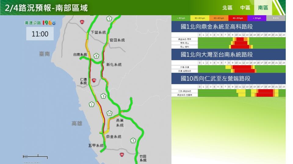 初四國道南部路段北向路況預報圖。   圖：交通部高速公路局／提供