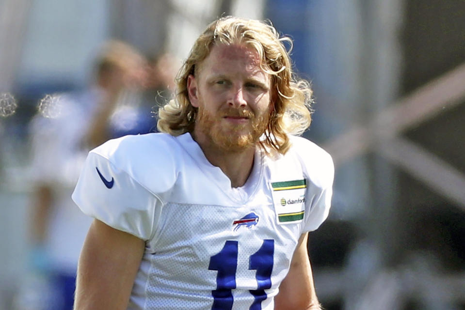 FILE - Buffalo Bills wide receiver Cole Beasley (11) takes a break from practice during an NFL football training camp in Orchard Park, N.Y., Sunday, Aug. 23, 2020. Entering his ninth NFL season, and second in Buffalo, the 31-year-old Beasley spent the offseason reassessing his objectives before coming to the realization he’s no longer going to get caught up in numbers, yards and catches.(James P. McCoy/The Buffalo News via AP, Pool, File)